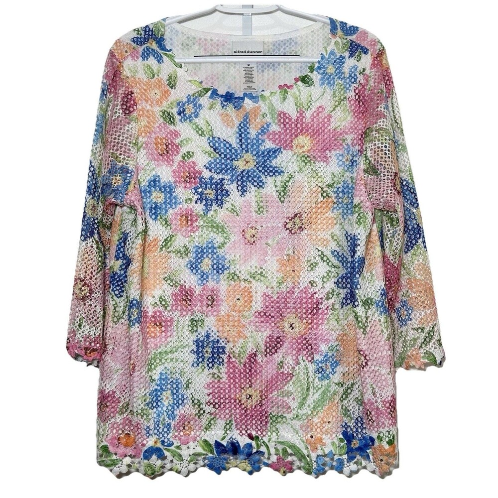 Floral Crochet Mesh Top Scalloped Hem Cottagecore Alfred Dunner Medium Pastel